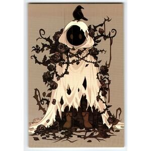 Vintage Style Halloween Ghost with Raven & Roses Photochrome Postcard
